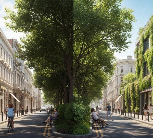 Vue en plan d'une rue urbaine largement végétalisée avec des arbres et murs végétalisés, montrant leur effet rafraîchissant sur la ville