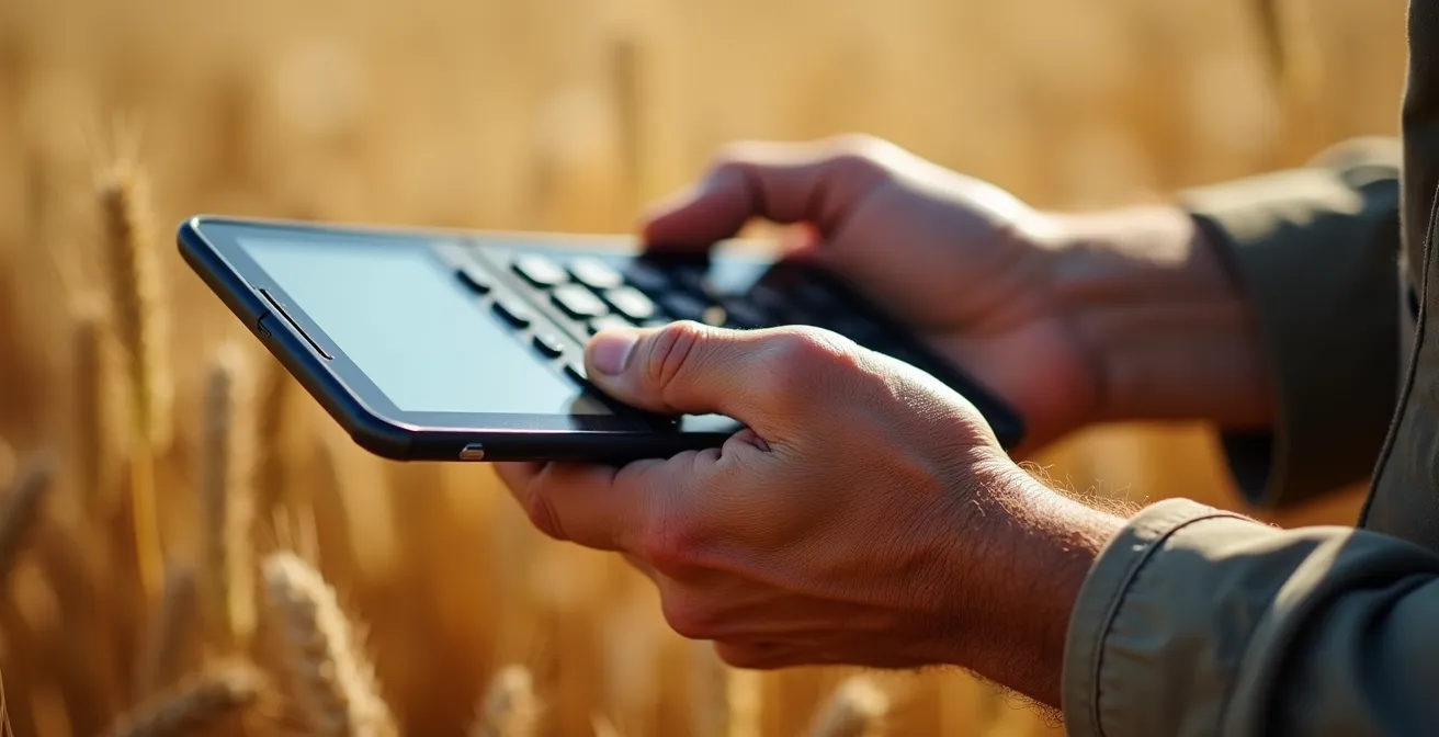 Gros plan sur des mains calculant les coûts sur une tablette dans un champ