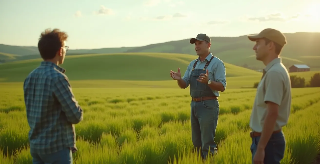 Agriculteur souriant expliquant sa production à des visiteurs dans un champ verdoyant