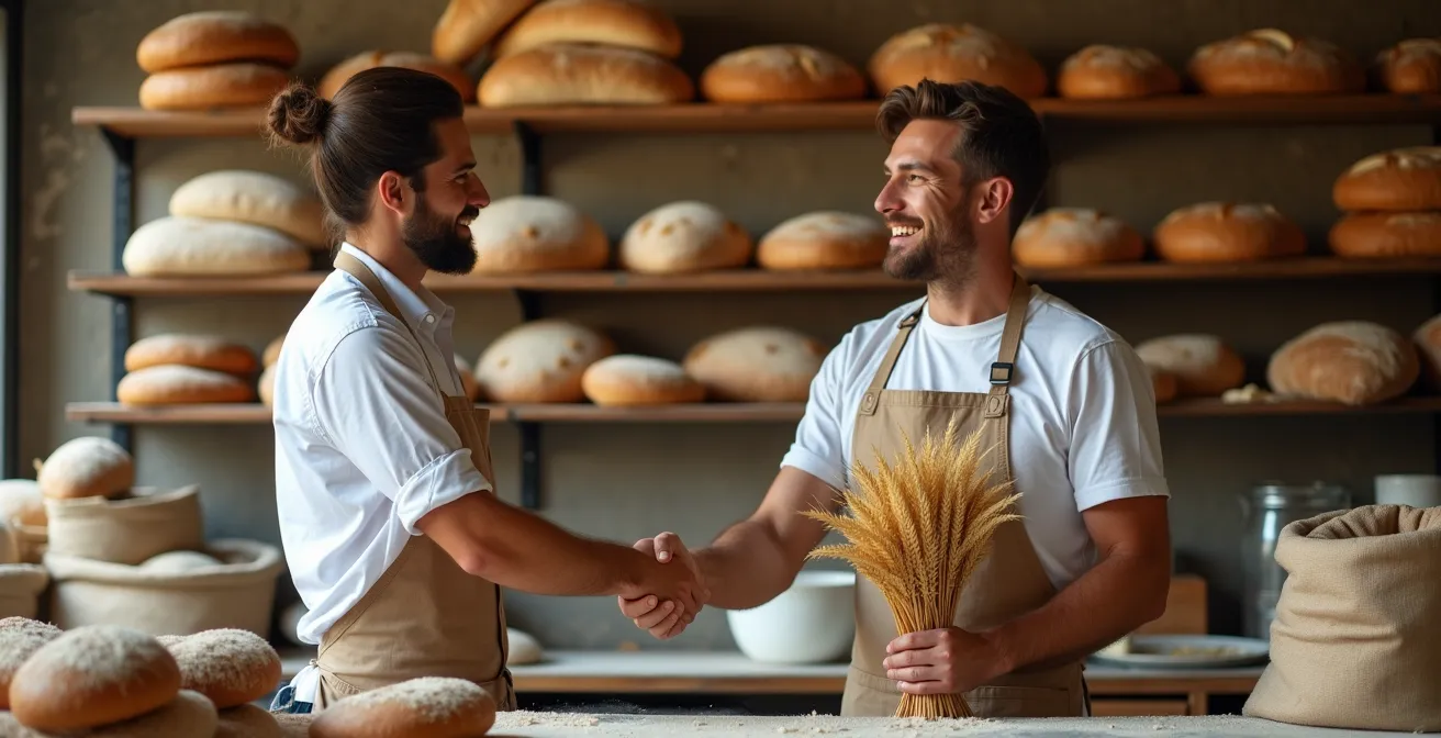 Scène chaleureuse dans une boulangerie artisanale avec un boulanger et un agriculteur échangeant autour de sacs de farine locale