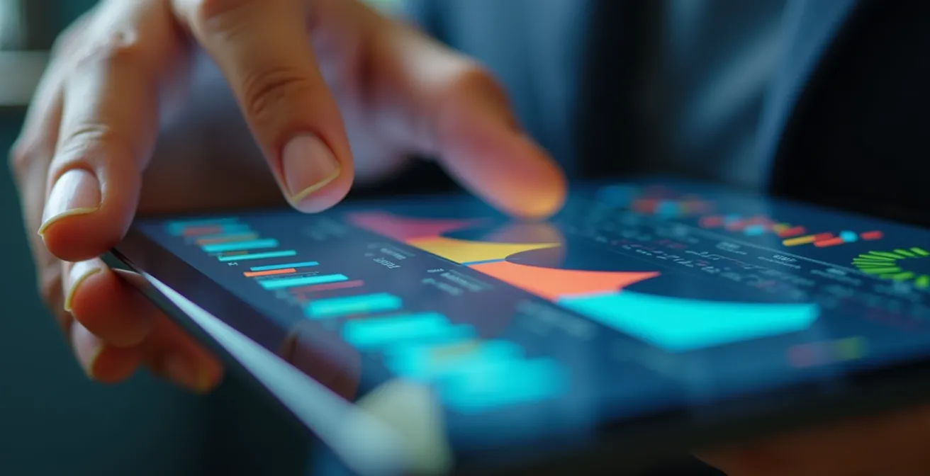 Vue macro de mains analysant des données de consommation sur tablette avec graphiques colorés