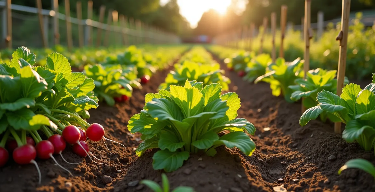 Rangées de radis, laitues et haricots cultivés en association dans un potager ensoleillé