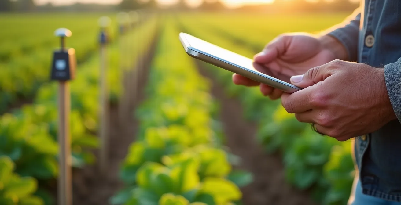 Agriculteur utilisant une tablette dans un champ bio avec des capteurs connectés visibles