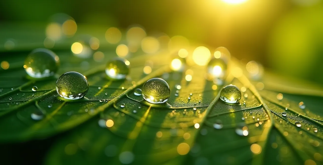 Gros plan sur un capteur d'humectation foliaire avec gouttes de rosée