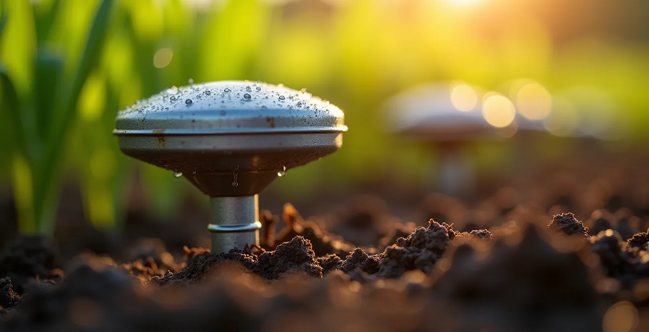 Réseau de capteurs connectés dans un champ agricole surveillant l'humidité du sol et les conditions météorologiques