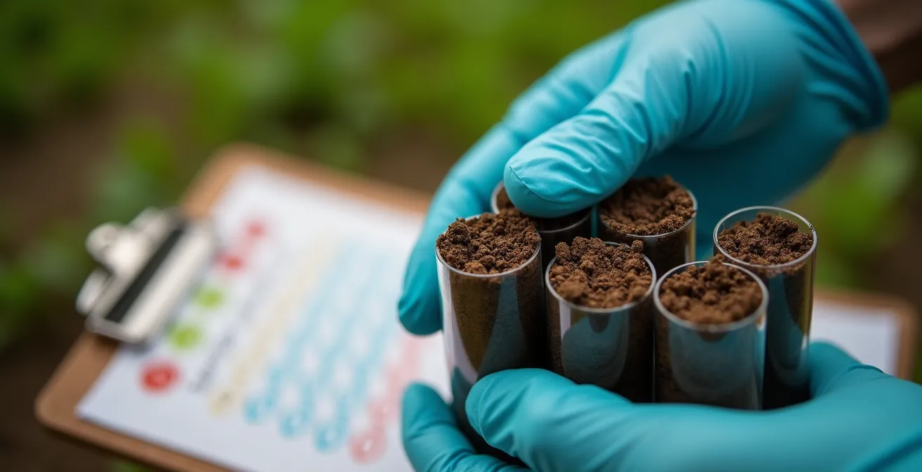 Contrôleur bio effectuant des prélèvements de sol dans un champ avec un agriculteur