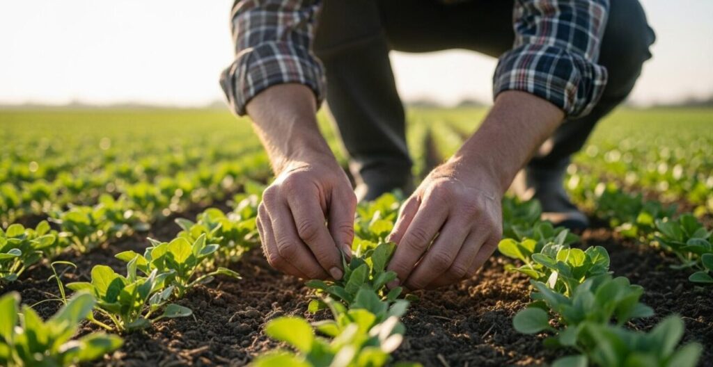 Agriculteur examinant ses cultures dans un champ bio en pleine lumière naturelle
