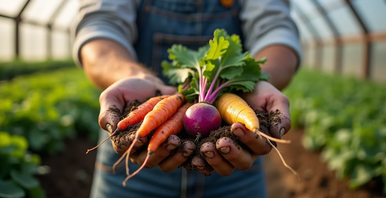 Coupe transversale artistique montrant les racines d'une plante dans un sol riche en micro-organismes avec une progression visuelle vers des légumes colorés fraîchement récoltés