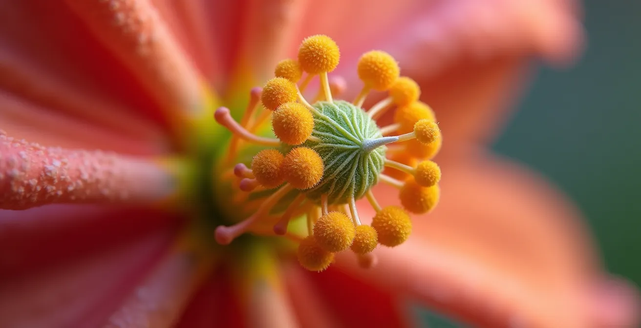 Gros plan extrême sur des grains de pollen colorés sur un pistil de fleur avec effet bokeh artistique