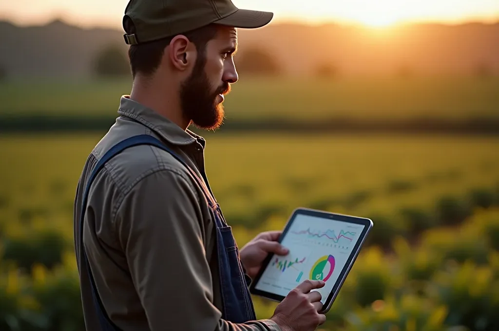 Agriculteur analysant des données sur tablette dans son champ avec cultures diversifiées en arrière-plan
