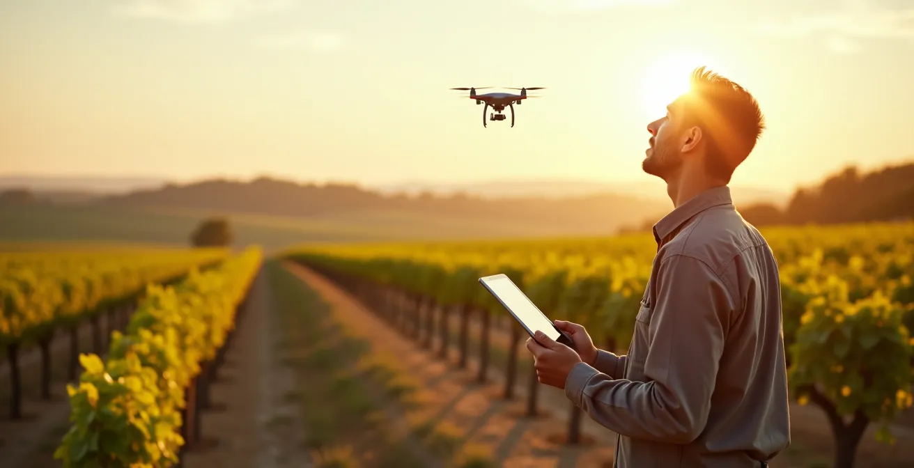 Drone professionnel inspectant une parcelle de vignes avec précision technique
