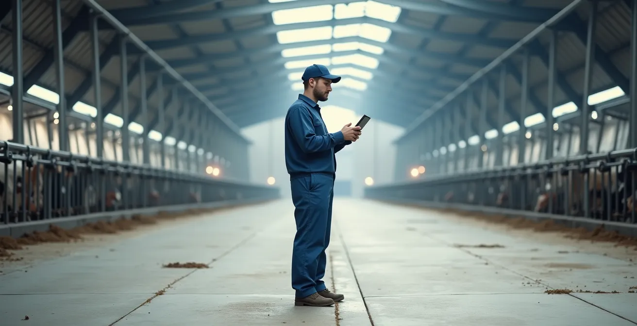 Éleveur consultant les données de son troupeau sur tablette dans une ferme robotisée moderne
