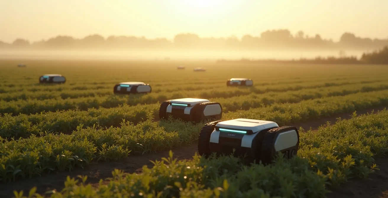 Vue aérienne d'un essaim de petits robots autonomes travaillant en coordination dans un champ