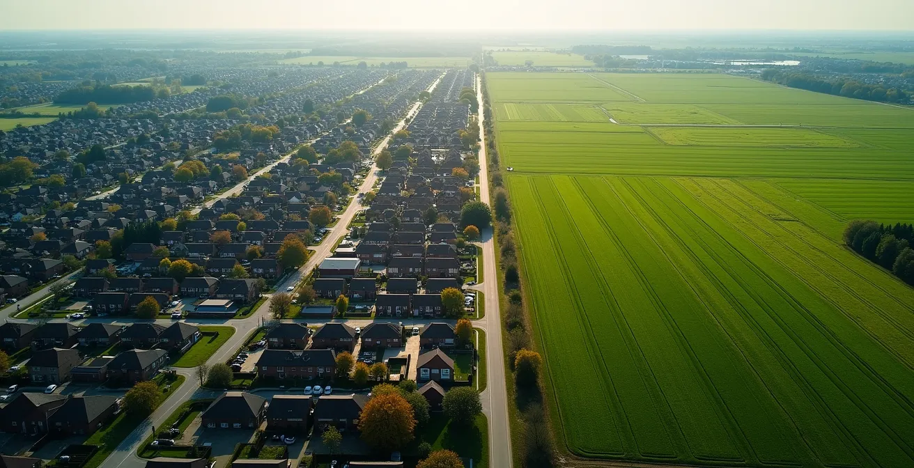 Vue aérienne contrastée montrant la frontière nette entre zones urbanisées en expansion et terres agricoles préservées