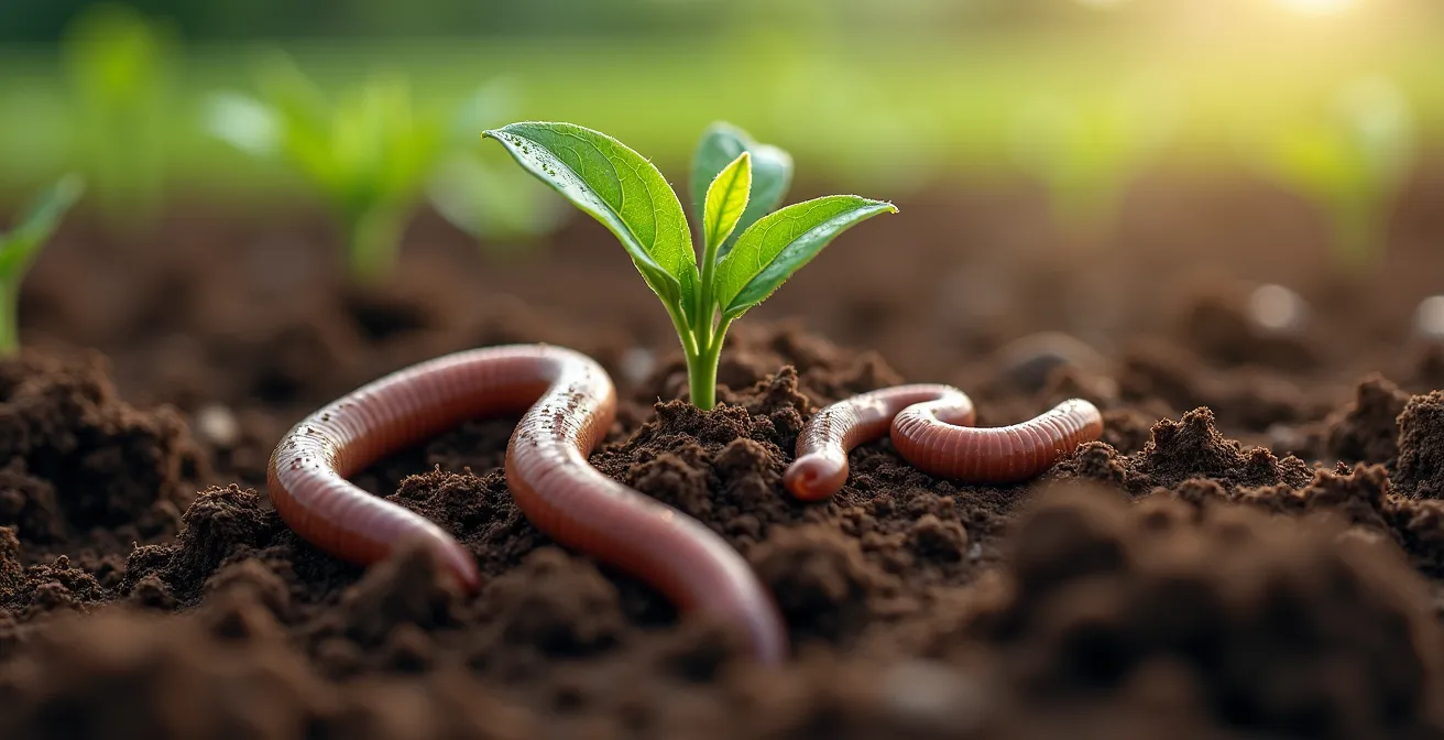 Vue macro d'un sol agricole montrant la biodiversité invisible et les vers de terre