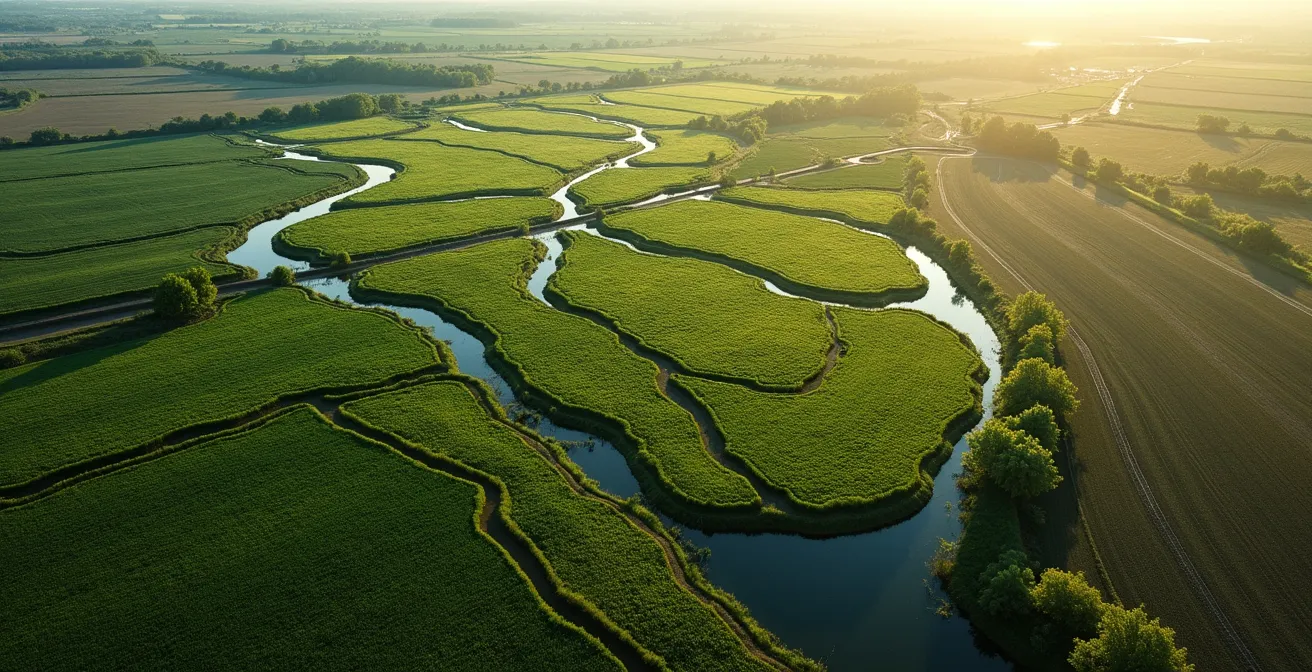 Vue aérienne d'une exploitation agricole montrant l'aménagement écologique avec haies, mares et bandes enherbées
