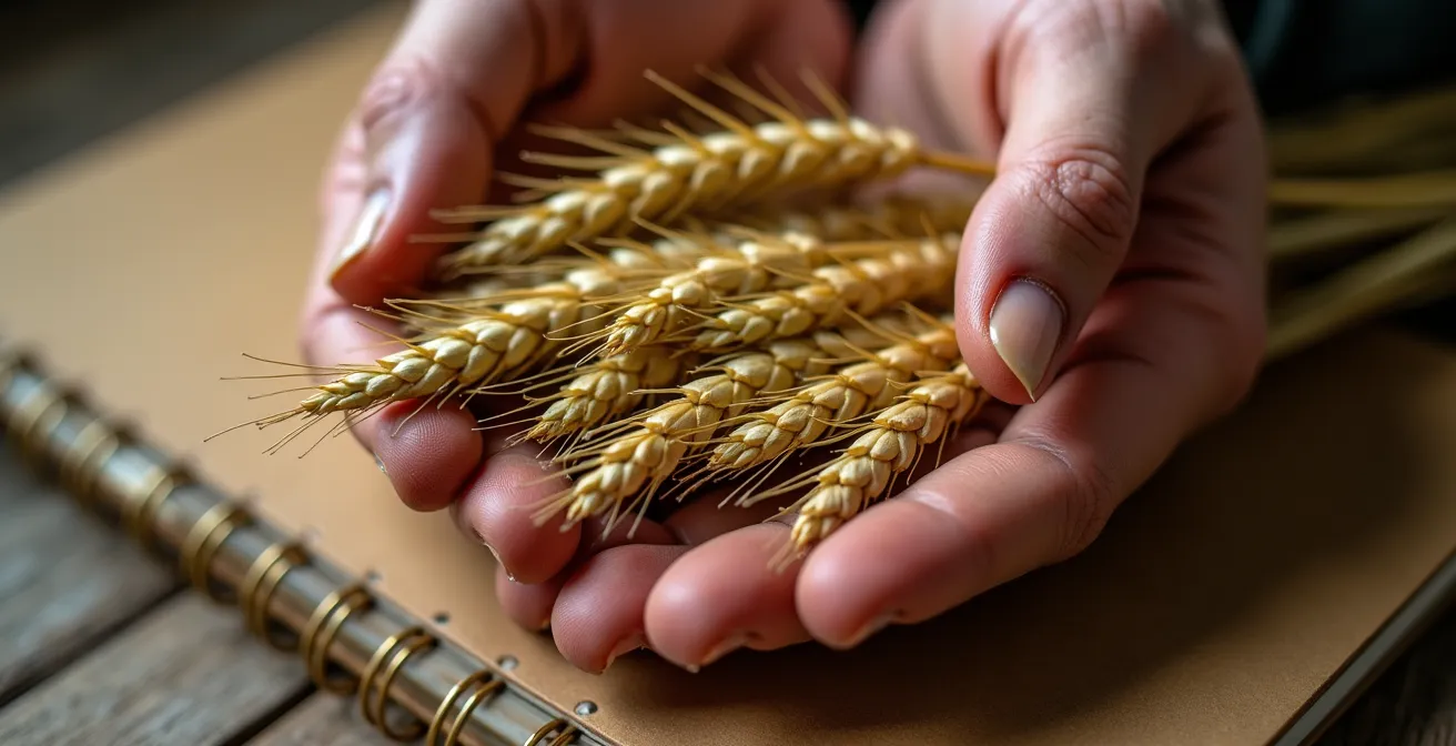 Mains d'agriculteur tenant du blé mûr avec carnet de notes flou en arrière-plan