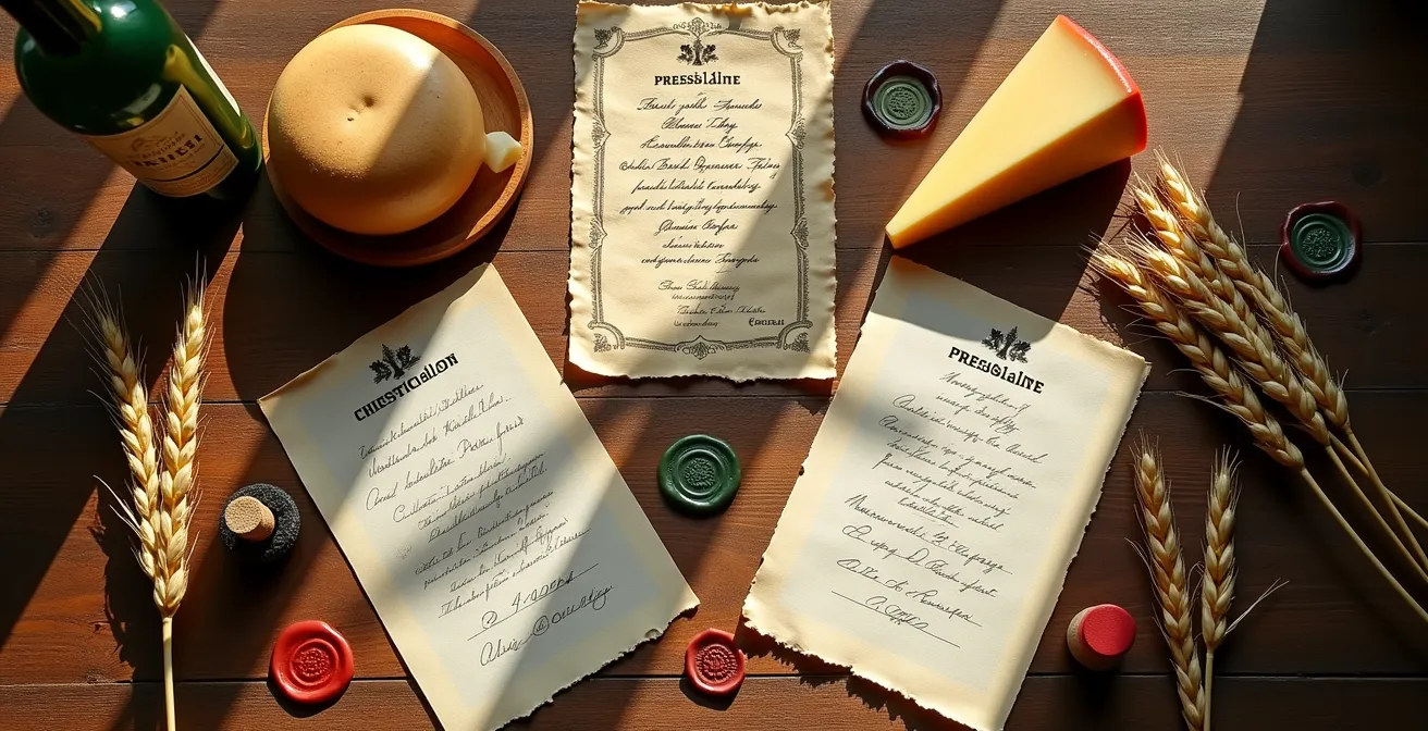 Composition symbolique montrant différents sceaux et labels agricoles français disposés sur une table de bois rustique avec des produits du terroir