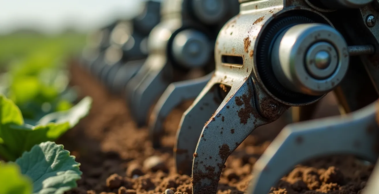 Détail macro des outils de désherbage mécanique d'un robot agricole