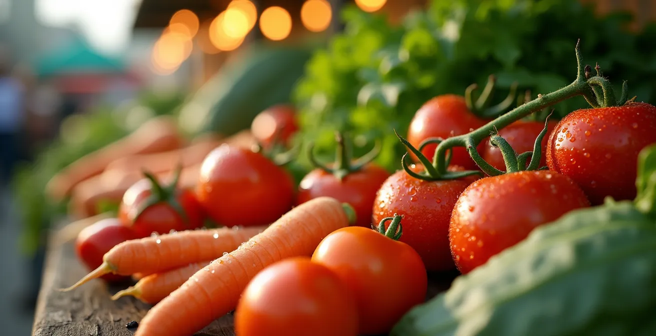 Stand de marché fermier avec légumes colorés et panneau ardoise, agriculteur souriant échangeant avec des clients