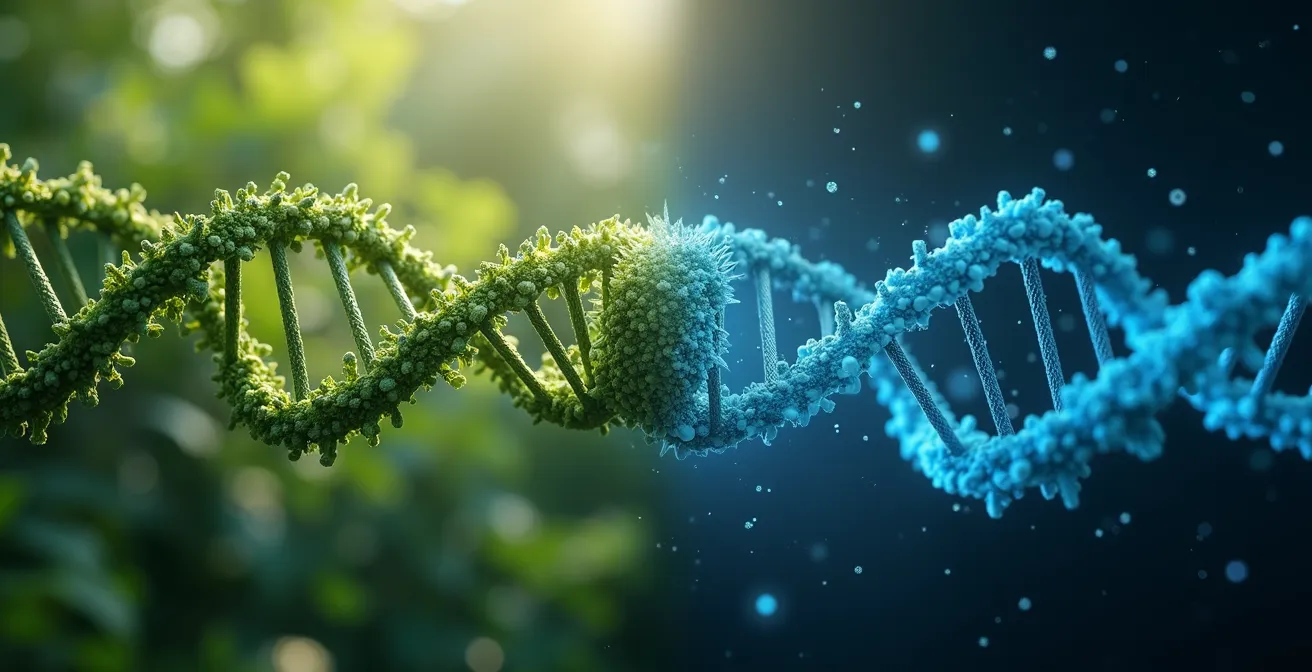 Chercheur analysant des marqueurs moléculaires sur ordinateur avec échantillons de plantes