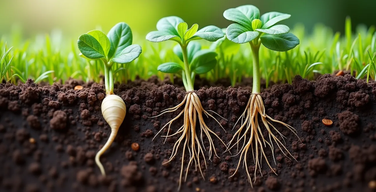 Vue en coupe montrant l'architecture racinaire à trois étages d'un mélange de couverts