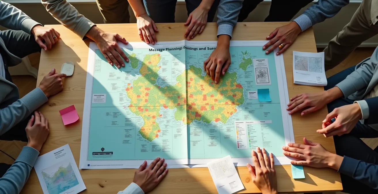 Table de travail collaborative avec cartes du territoire, documents de planification et mains d'acteurs divers pointant des zones stratégiques