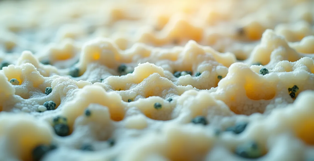 Vue macro d'une surface de fromage affiné montrant les textures complexes créées par les micro-organismes, avec des détails de cristaux et de veines naturelles