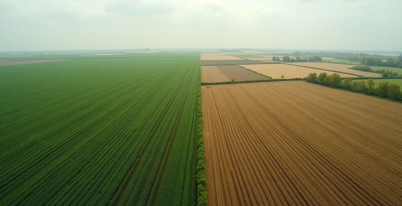 Vue aérienne montrant le contraste entre monoculture uniforme et parcelles diversifiées