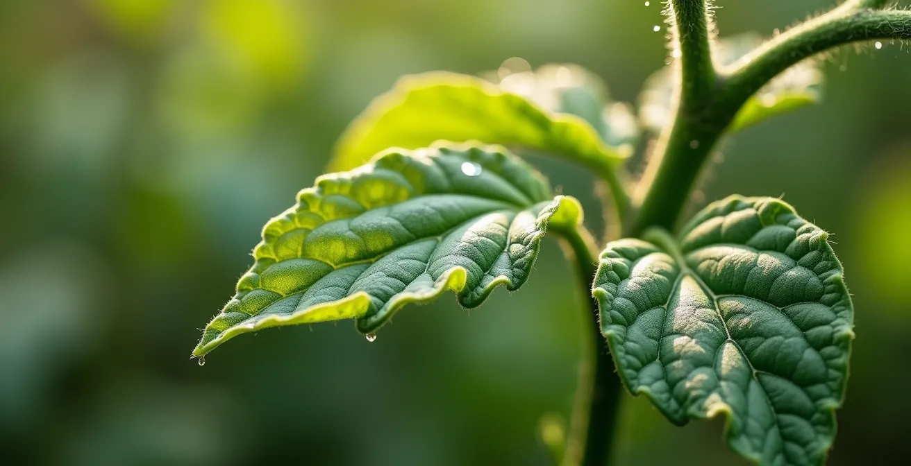 Gros plan sur une feuille de tomate montrant les signes subtils du stress hydrique