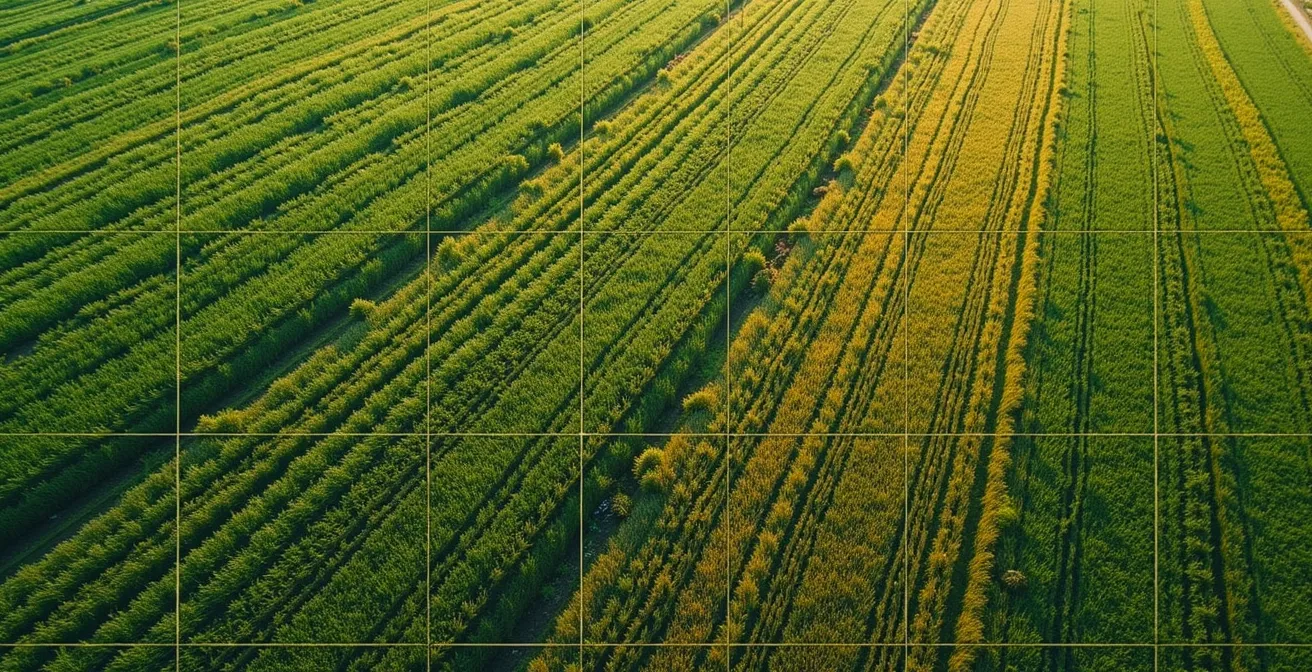 Vue de dessus d'une parcelle expérimentale divisée en carrés témoins pour essais comparatifs