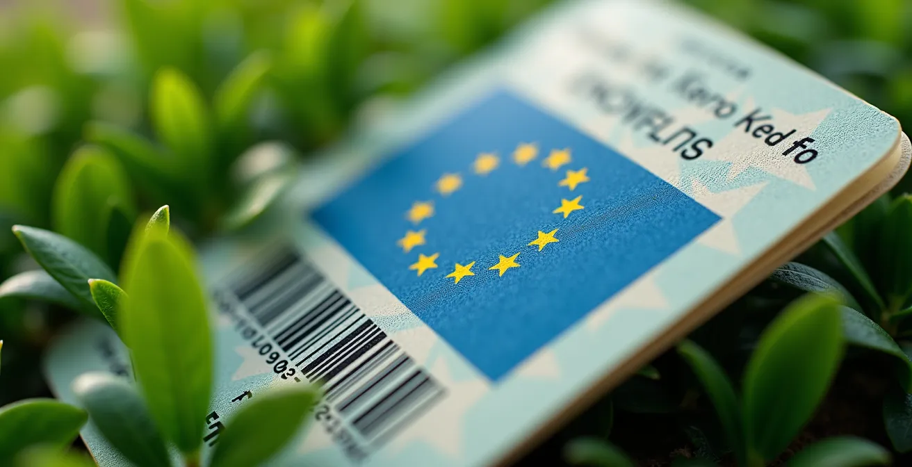 Vue macro d'une étiquette de passeport phytosanitaire avec codes et symboles flous en arrière-plan