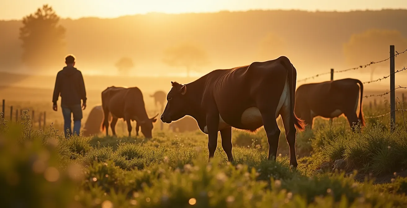 Troupeau de bovins pâturant un couvert végétal diversifié dans un système de rotation