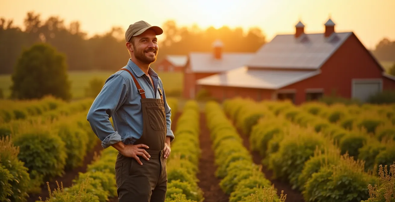 Agriculteur dans un champ verdoyant avec panneaux solaires et haies bocagères en arrière-plan
