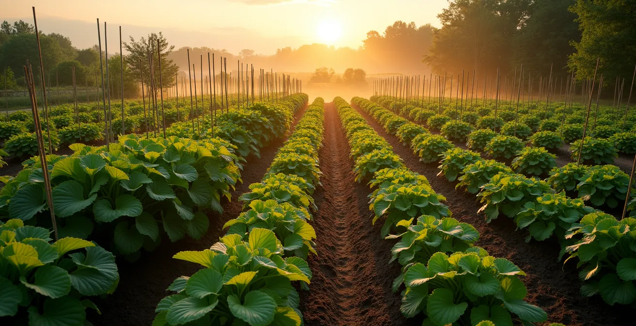 Vue aérienne d'un potager montrant les zones d'ombre, les couloirs de vent et les chemins d'eau naturels