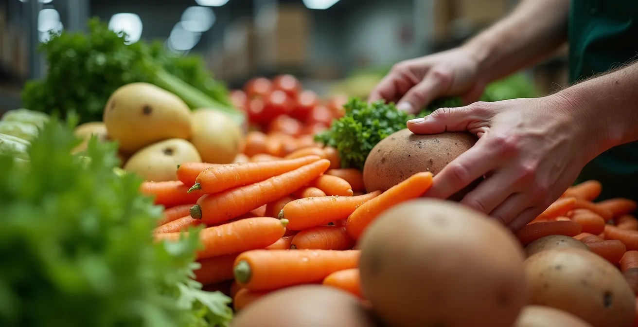 Entrepôt moderne avec zones de tri, camions de livraison et producteurs déposant leurs produits