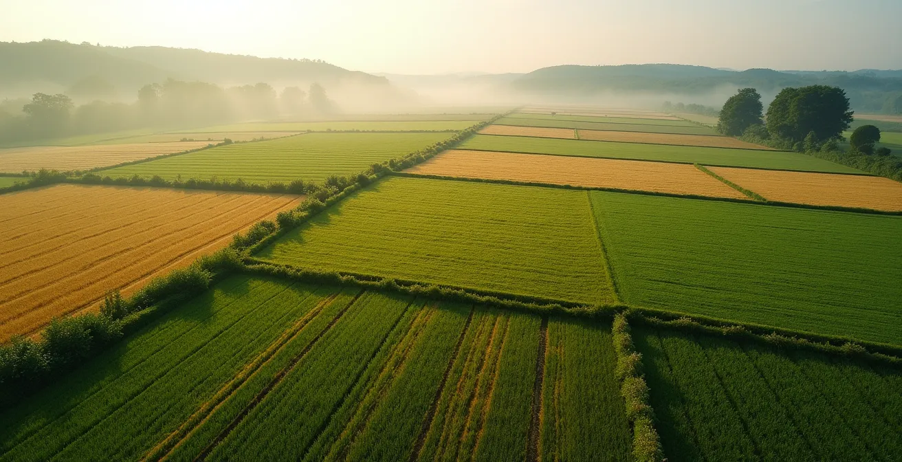Vue aérienne d'un champ biologique montrant la rotation des cultures et les bandes fleuries