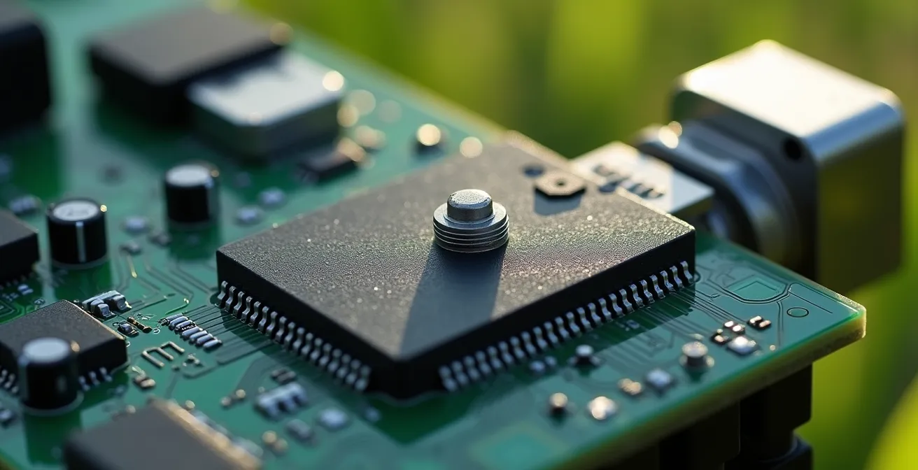 Gros plan macro sur des capteurs et composants électroniques d'un tracteur moderne