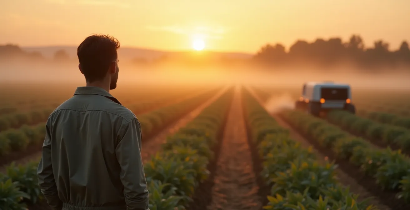 Robot agricole autonome travaillant seul dans un champ au lever du soleil