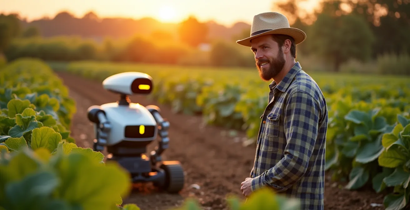 Robot autonome travaillant dans un champ de légumes biologiques au lever du soleil