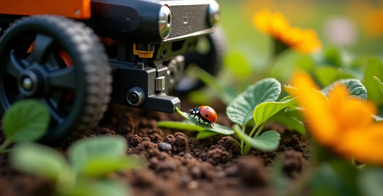 Gros plan macro sur un robot de désherbage de précision préservant les insectes pollinisateurs