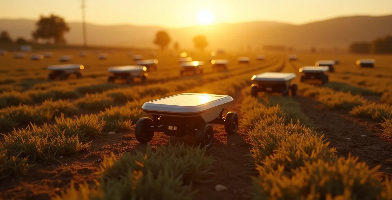 Flotte de petits robots autonomes travaillant en essaim dans un champ au coucher du soleil