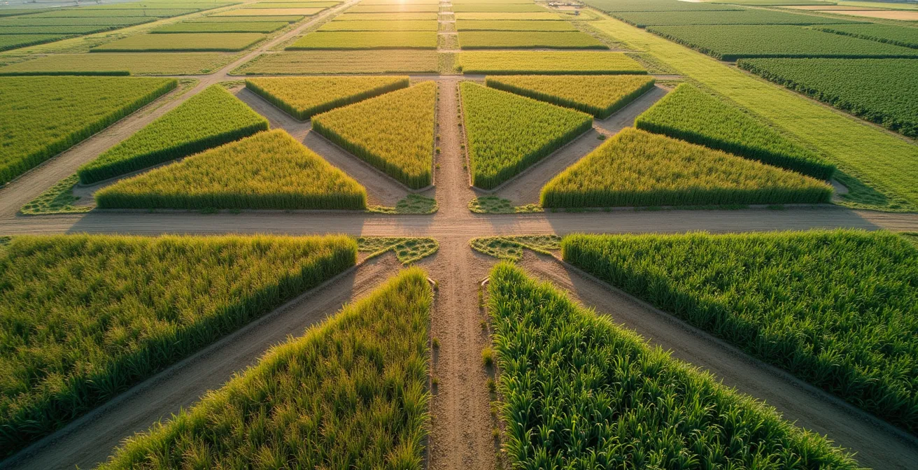 Vue aérienne minimaliste d'un champ expérimental divisé en parcelles géométriques montrant différents stades de croissance végétale