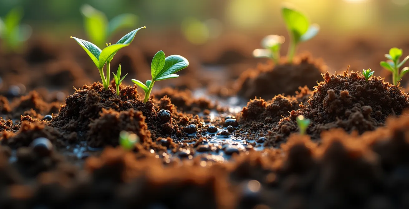 Vue macro de la structure du sol montrant les agrégats, racines et micro-organismes filtrant l'eau