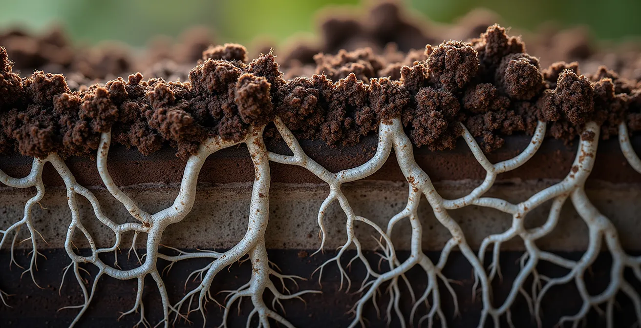 Vue macro du sol montrant le réseau mycorhizien et la vie microbienne