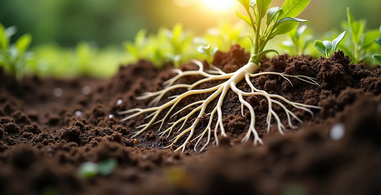 Vue en coupe du sol montrant les racines et la vie microbienne en interaction