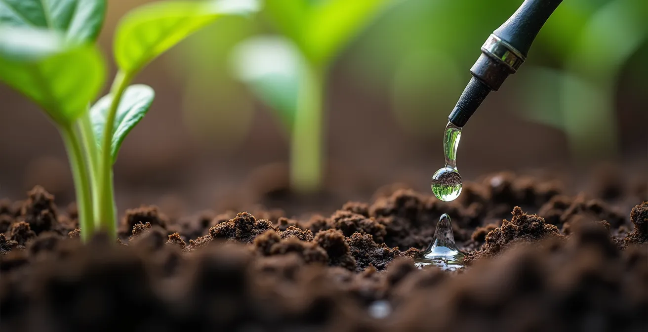 Gros plan sur un système d'irrigation goutte-à-goutte montrant l'infiltration optimale de l'eau dans le sol