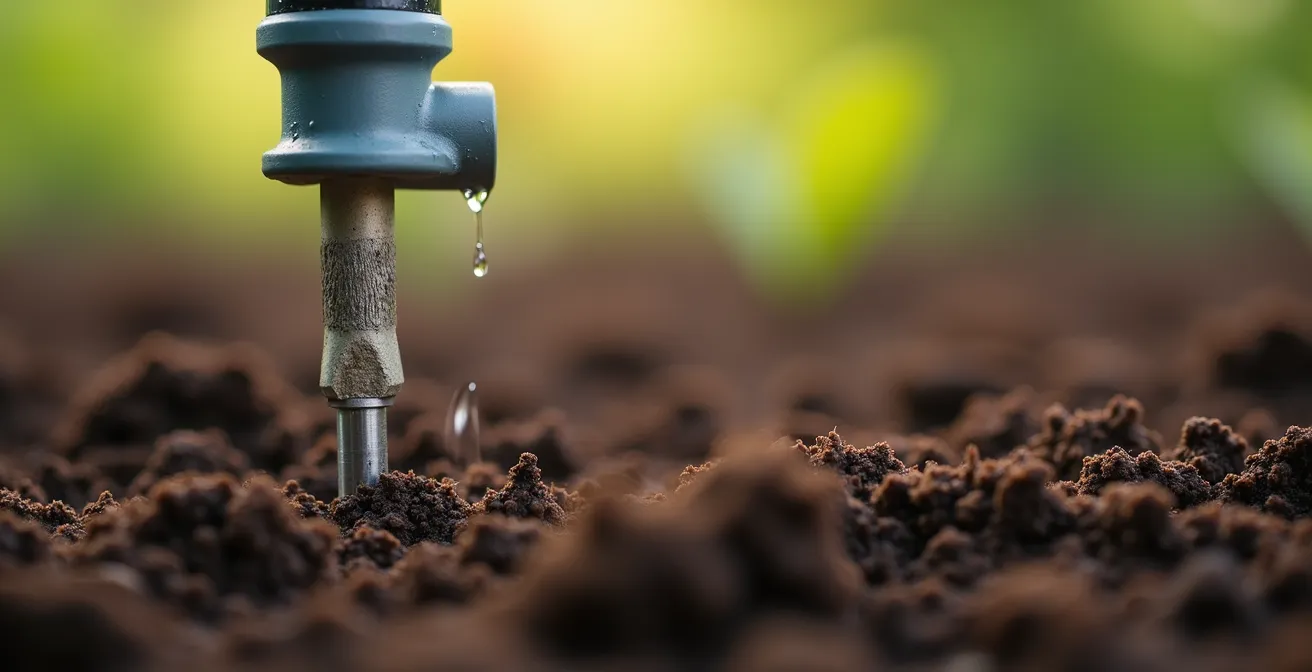 Gros plan sur une sonde tensiométrique plantée dans le sol près d'un système d'irrigation goutte à goutte