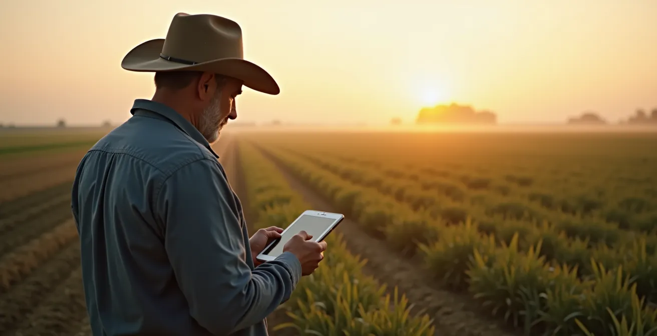 Agriculteur analysant des données de performance sur tablette dans son exploitation
