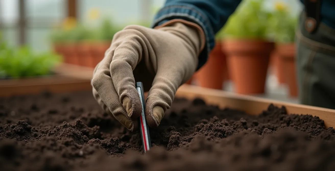 Thermomètre de sol planté dans la terre du potager avec des jeunes pousses en arrière-plan